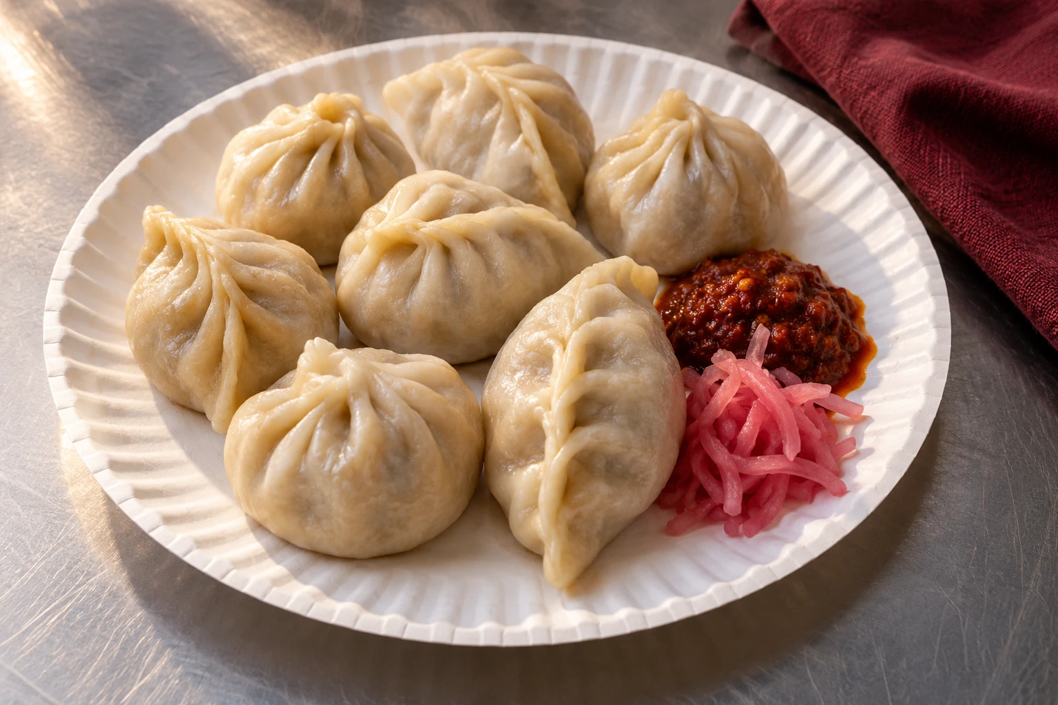 Illustrative still life of steamed momo dumplings with red and white street-food styling; not an exact Amdo serving photograph.